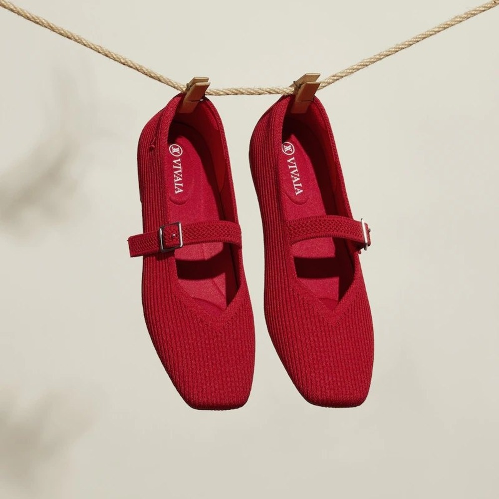 VIVAIA Margot Mary Jane Ruby Red Square Toe Knit Flats EU 37.5 US 7 - Picture 2 of 16